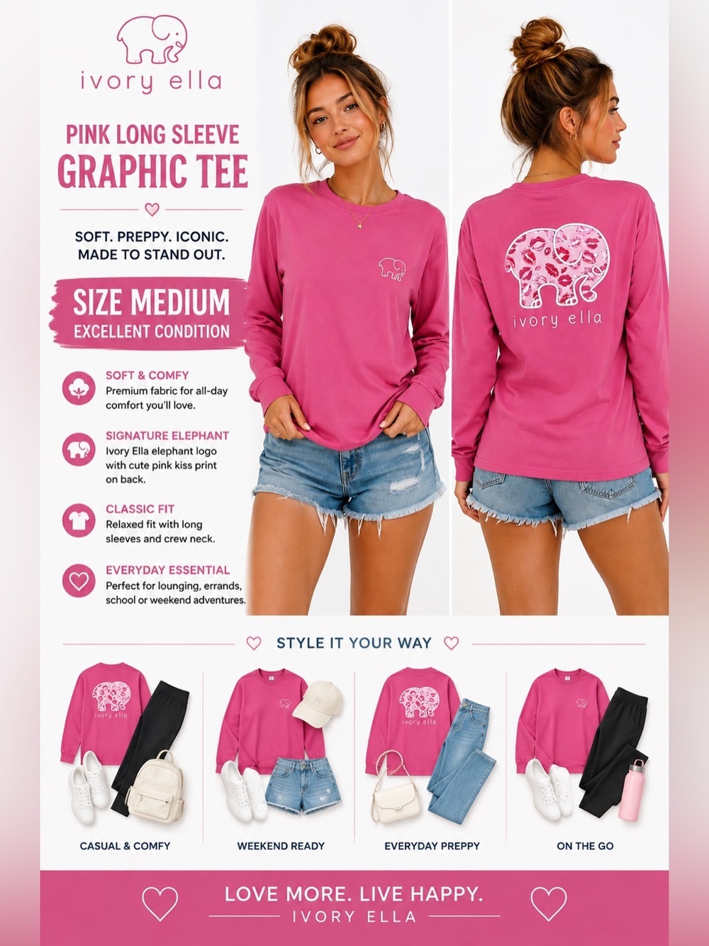Ivory Ella Pink Long Sleeve Graphic Tee Medium Kiss Print Elephant Logo Preppy